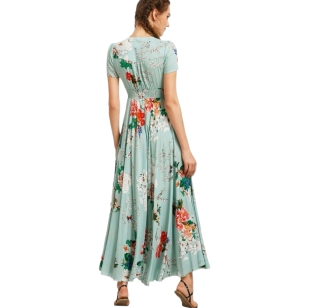 Amzplus Dress Floral Smocked Boho Tassled Tie Front Maxi Green Plus Size 3XL - Picture 11 of 16